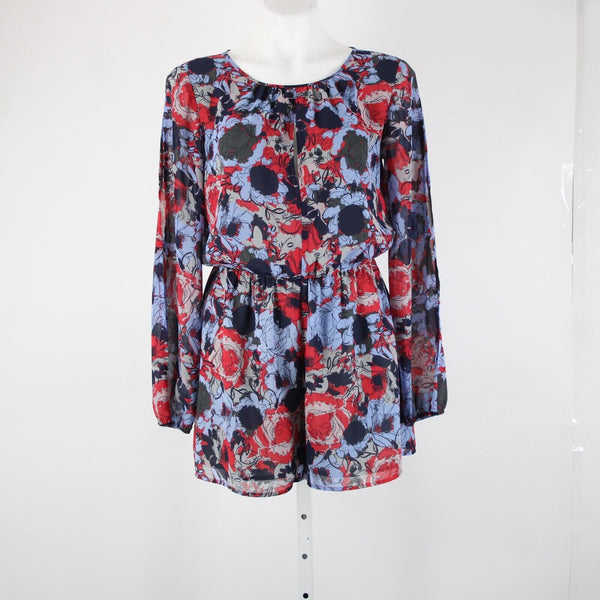 Leith Sz S Blue Red Floral Cold Shoulder Keyhole Lined 100% Polyester Romper