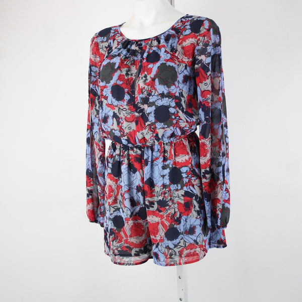 Leith Sz S Blue Red Floral Cold Shoulder Keyhole Lined 100% Polyester Romper