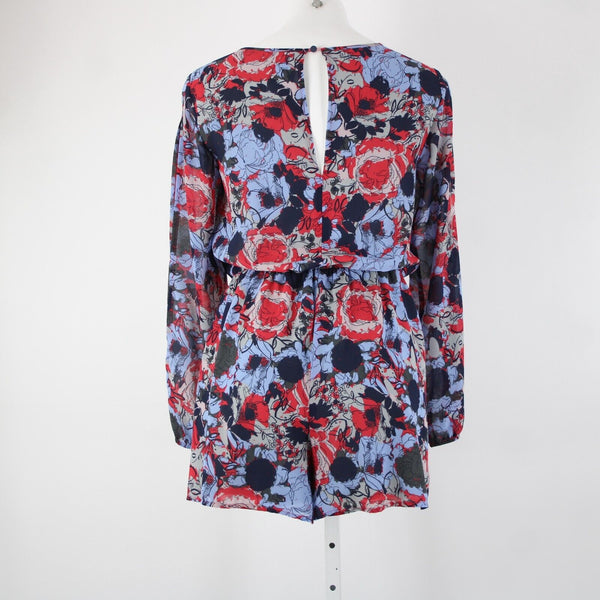 Leith Sz S Blue Red Floral Cold Shoulder Keyhole Lined 100% Polyester Romper