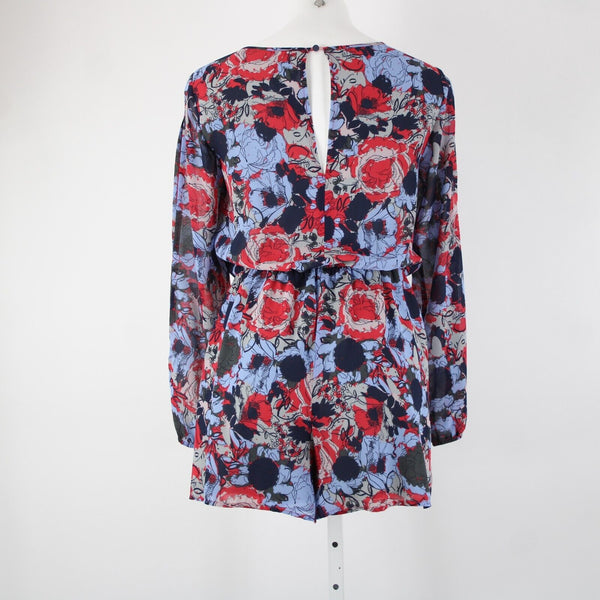 Leith Sz S Blue Red Floral Cold Shoulder Keyhole Lined 100% Polyester Romper