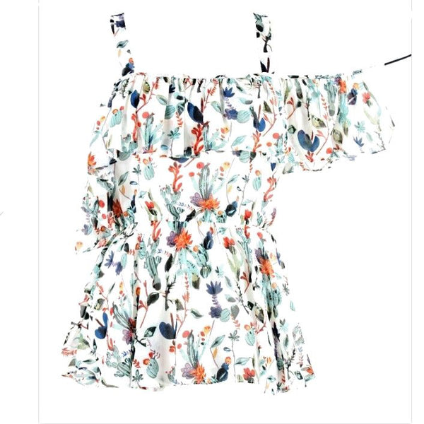 Walter Baker Sz S Ivory Teal Rust Blue Multi Cold Shoulder Ruffle Polyester Top