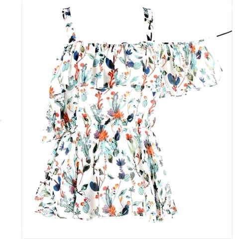 Walter Baker Sz S Ivory Teal Rust Blue Multi Cold Shoulder Ruffle Polyester Top