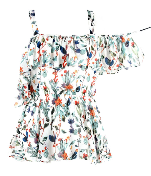 Walter Baker Sz S Ivory Teal Rust Blue Multi Cold Shoulder Ruffle Polyester Top