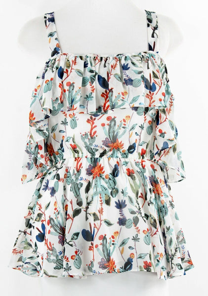 Walter Baker Sz S Ivory Teal Rust Blue Multi Cold Shoulder Ruffle Polyester Top