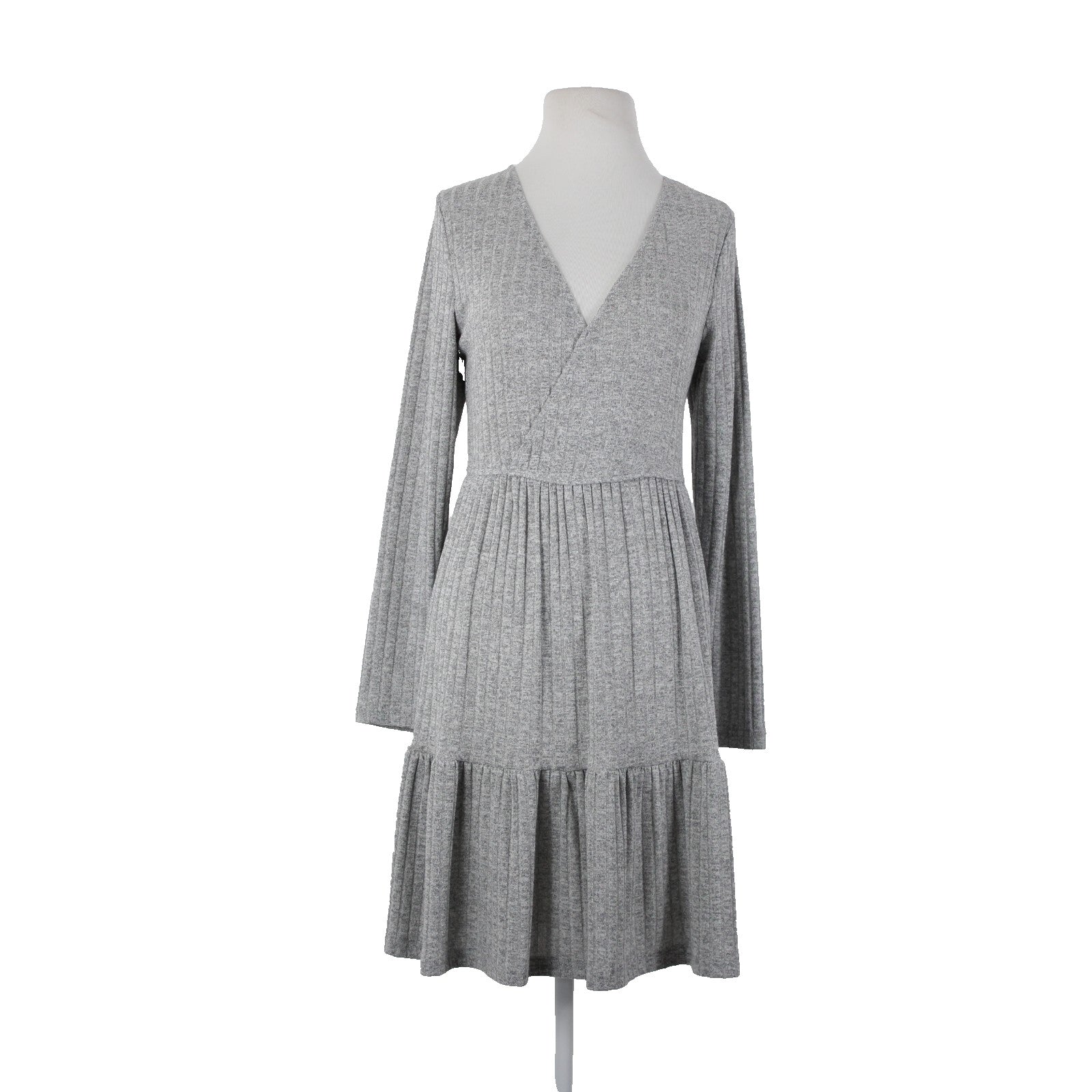 Cupshe NEW Sz M Gray V Neck Ruffles Long Sleeve Rayon Viscose Dress