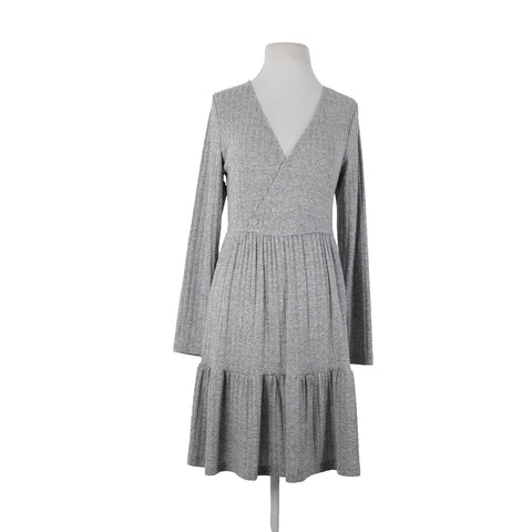 Cupshe NEW Sz M Gray V Neck Ruffles Long Sleeve Rayon Viscose Dress