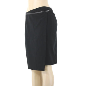 'S MaxMara Sz 6 Black Leather Trim Faux Wrap Triacetate Lined Polyester Skirt
