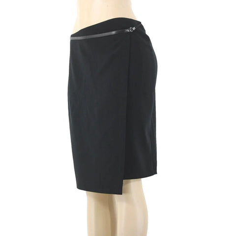 'S MaxMara Sz 6 Black Leather Trim Faux Wrap Triacetate Lined Polyester Skirt