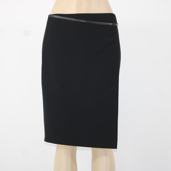 'S MaxMara Sz 6 Black Leather Trim Faux Wrap Triacetate Lined Polyester Skirt