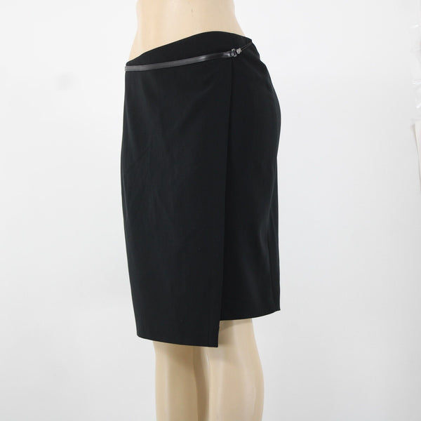 'S MaxMara Sz 6 Black Leather Trim Faux Wrap Triacetate Lined Polyester Skirt