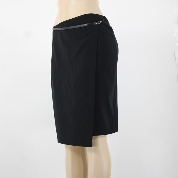 'S MaxMara Sz 6 Black Leather Trim Faux Wrap Triacetate Lined Polyester Skirt