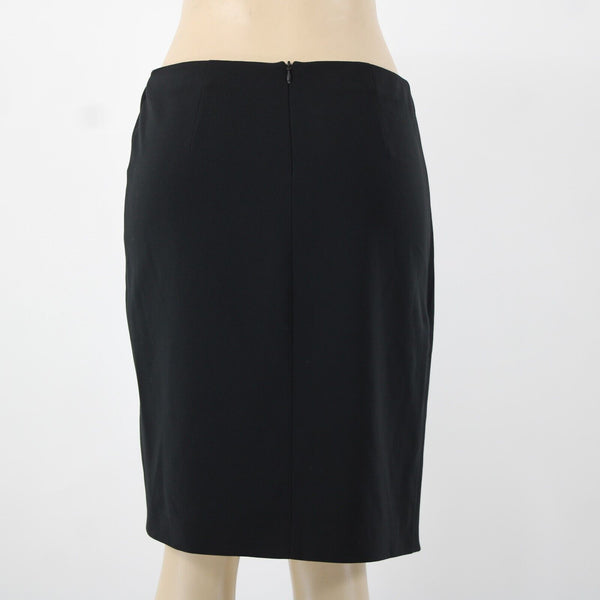 'S MaxMara Sz 6 Black Leather Trim Faux Wrap Triacetate Lined Polyester Skirt