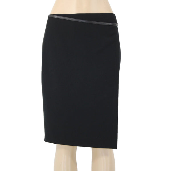 'S MaxMara Sz 6 Black Leather Trim Faux Wrap Triacetate Lined Polyester Skirt
