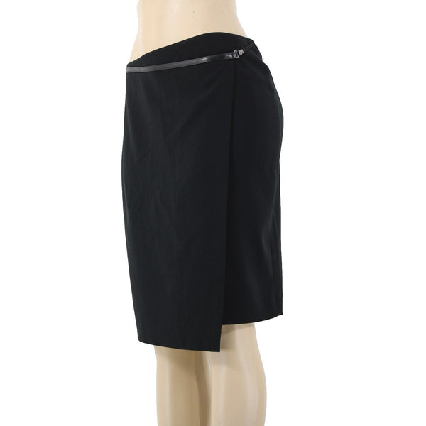 'S MaxMara Sz 6 Black Leather Trim Faux Wrap Triacetate Lined Polyester Skirt