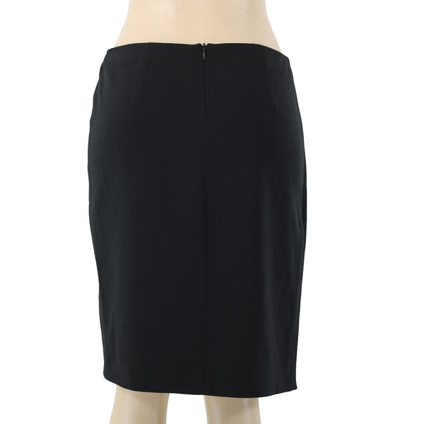 'S MaxMara Sz 6 Black Leather Trim Faux Wrap Triacetate Lined Polyester Skirt