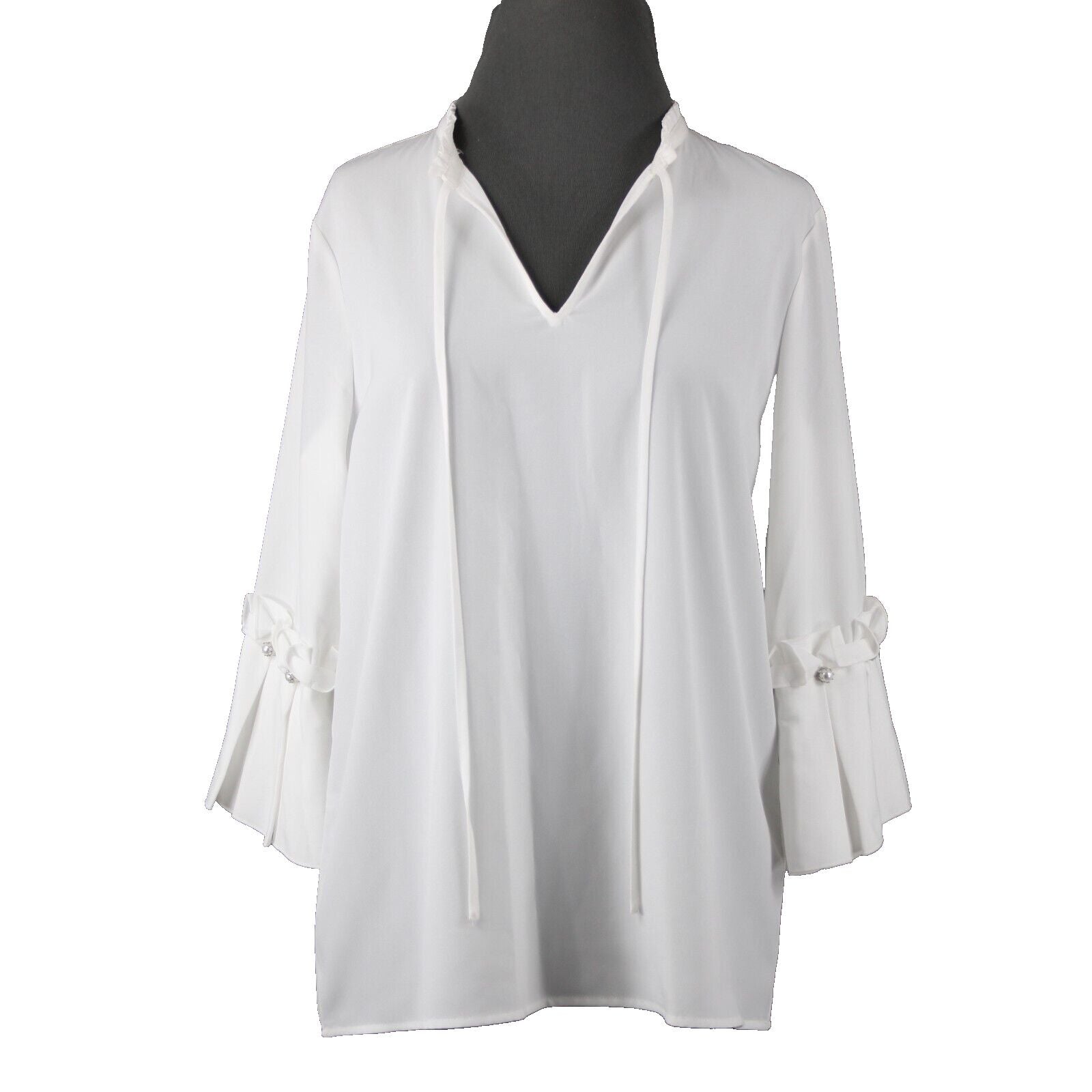 Karl Lagerfeld NEW $90 Sz M White Ruffle Sleeves V Neck 100% Polyester Top