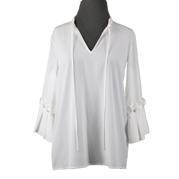 Karl Lagerfeld NEW $90 Sz M White Ruffle Sleeves V Neck 100% Polyester Top