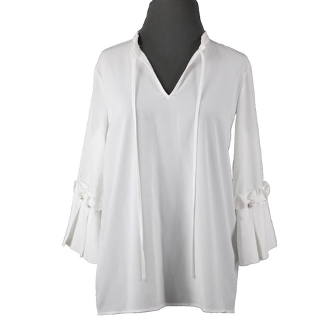 Karl Lagerfeld NEW $90 Sz M White Ruffle Sleeves V Neck 100% Polyester Top