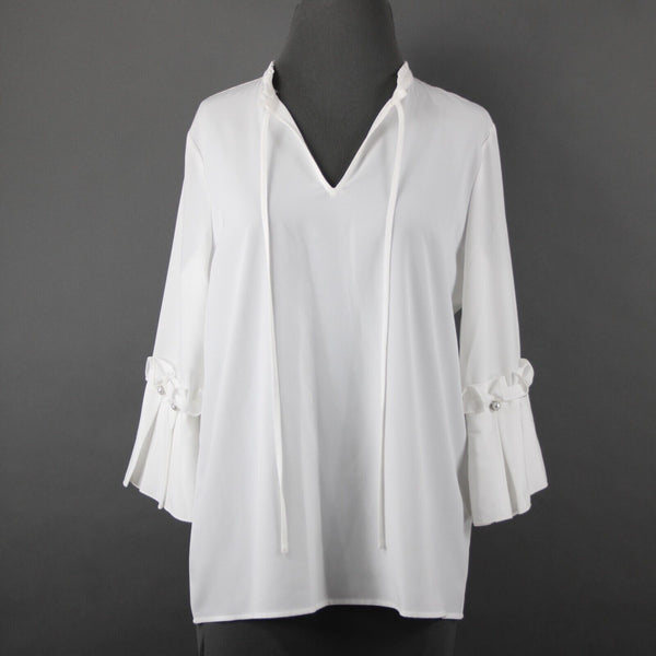 Karl Lagerfeld NEW $90 Sz M White Ruffle Sleeves V Neck 100% Polyester Top