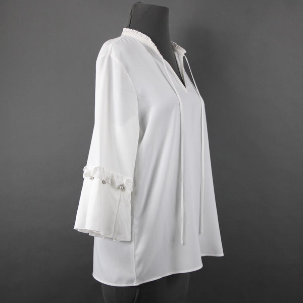 Karl Lagerfeld NEW $90 Sz M White Ruffle Sleeves V Neck 100% Polyester Top