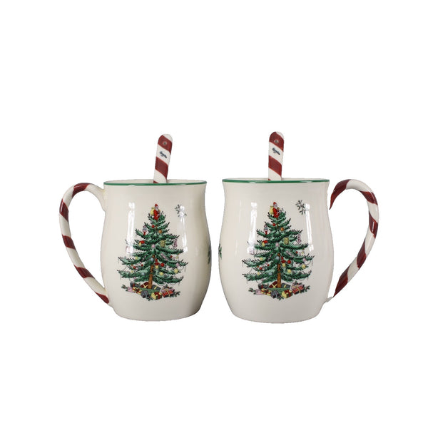 Spode Mugs Christmas Tree Peppermint Stick Spoons 4" Mugs