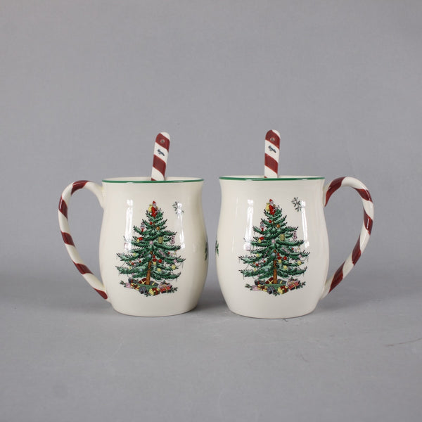 Spode Mugs Christmas Tree Peppermint Stick Spoons 4" Mugs