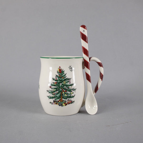 Spode Mugs Christmas Tree Peppermint Stick Spoons 4" Mugs