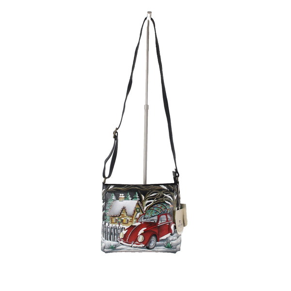 Anuschka Purse NEW 11 x 9x3 Multi Color Red Bug Holiday Painted Leather Purse