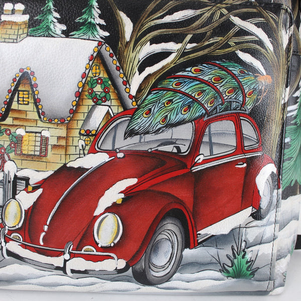 Anuschka Purse NEW 11 x 9x3 Multi Color Red Bug Holiday Painted Leather Purse