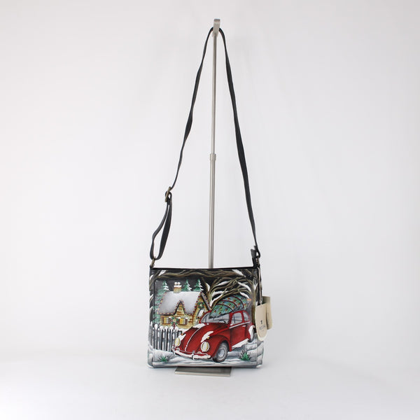 Anuschka Purse NEW 11 x 9x3 Multi Color Red Bug Holiday Painted Leather Purse