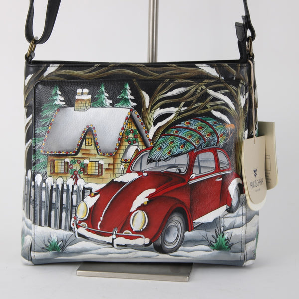 Anuschka Purse NEW 11 x 9x3 Multi Color Red Bug Holiday Painted Leather Purse