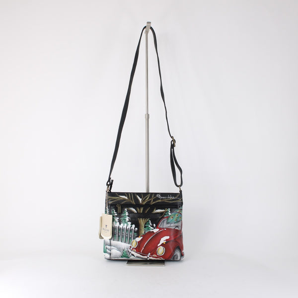 Anuschka Purse NEW 11 x 9x3 Multi Color Red Bug Holiday Painted Leather Purse