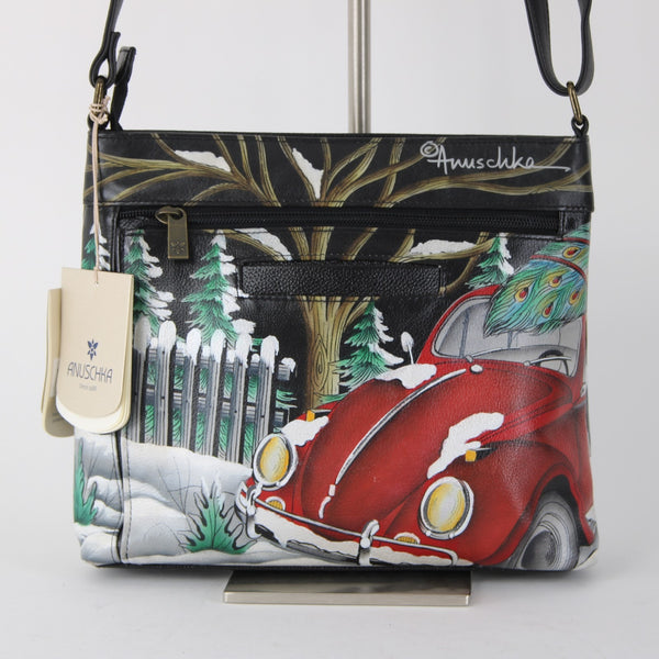 Anuschka Purse NEW 11 x 9x3 Multi Color Red Bug Holiday Painted Leather Purse