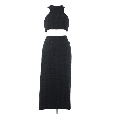 Alamour NEW Sz L Black Textured Sleeveless Crop Lined 100% Polyester 2Pc Dress