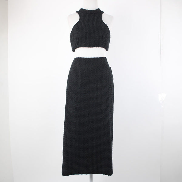 Alamour NEW Sz L Black Textured Sleeveless Crop Lined 100% Polyester 2Pc Dress