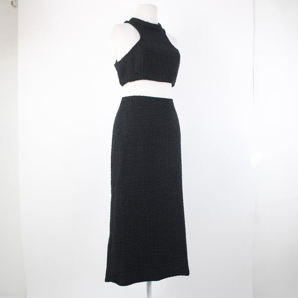 Alamour NEW Sz L Black Textured Sleeveless Crop Lined 100% Polyester 2Pc Dress
