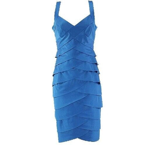 London Times Sz 8 Blue Teal V Neck Tiered Polyester Blend Sheath Dress