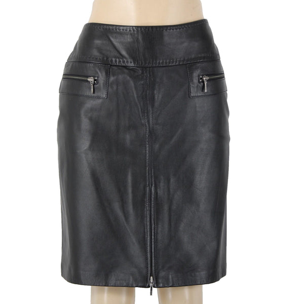 VS Vakko Sz 10 Black Zip Pockets Knee Length Lined 100% Leather Polyester Skirt