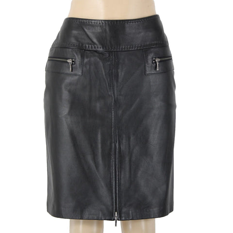 VS Vakko Sz 10 Black Zip Pockets Knee Length Lined 100% Leather Polyester Skirt