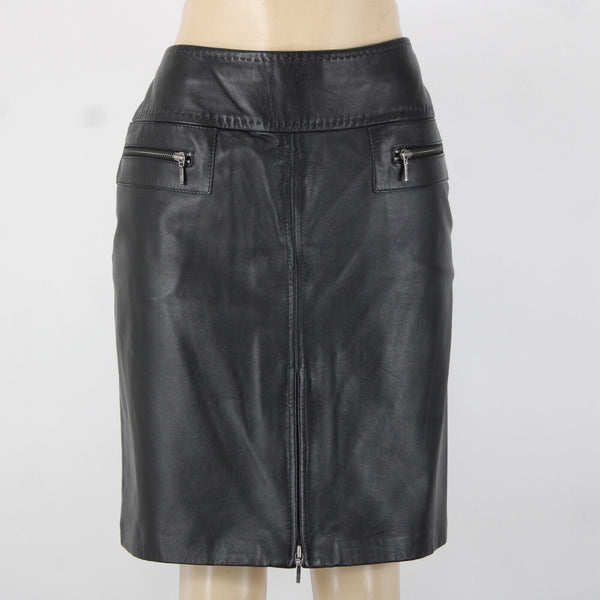 VS Vakko Sz 10 Black Zip Pockets Knee Length Lined 100% Leather Polyester Skirt