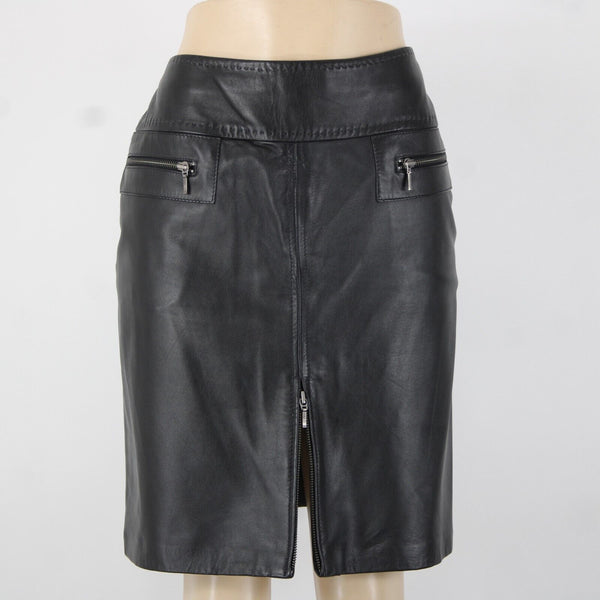 VS Vakko Sz 10 Black Zip Pockets Knee Length Lined 100% Leather Polyester Skirt