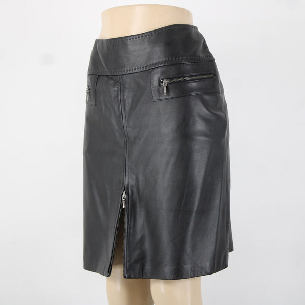 VS Vakko Sz 10 Black Zip Pockets Knee Length Lined 100% Leather Polyester Skirt