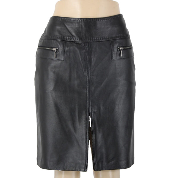 VS Vakko Sz 10 Black Zip Pockets Knee Length Lined 100% Leather Polyester Skirt