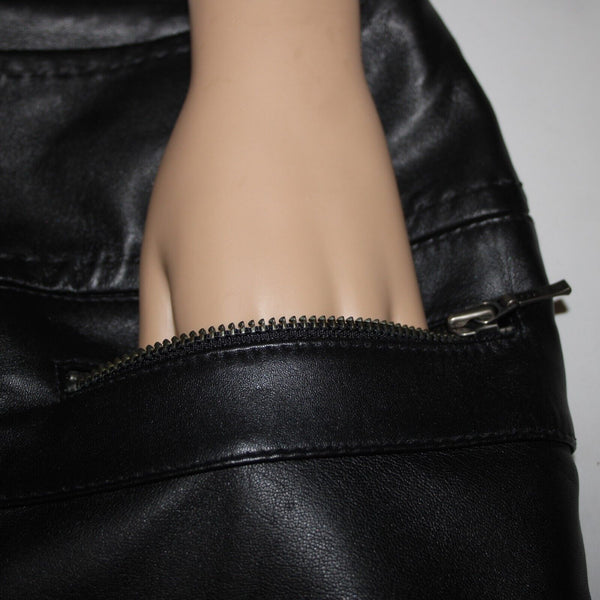 VS Vakko Sz 10 Black Zip Pockets Knee Length Lined 100% Leather Polyester Skirt