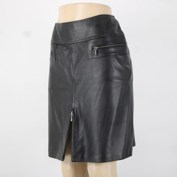 VS Vakko Sz 10 Black Zip Pockets Knee Length Lined 100% Leather Polyester Skirt