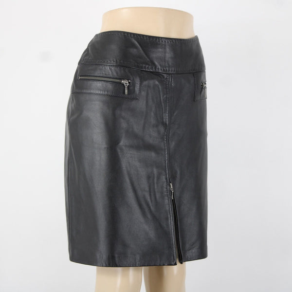 VS Vakko Sz 10 Black Zip Pockets Knee Length Lined 100% Leather Polyester Skirt