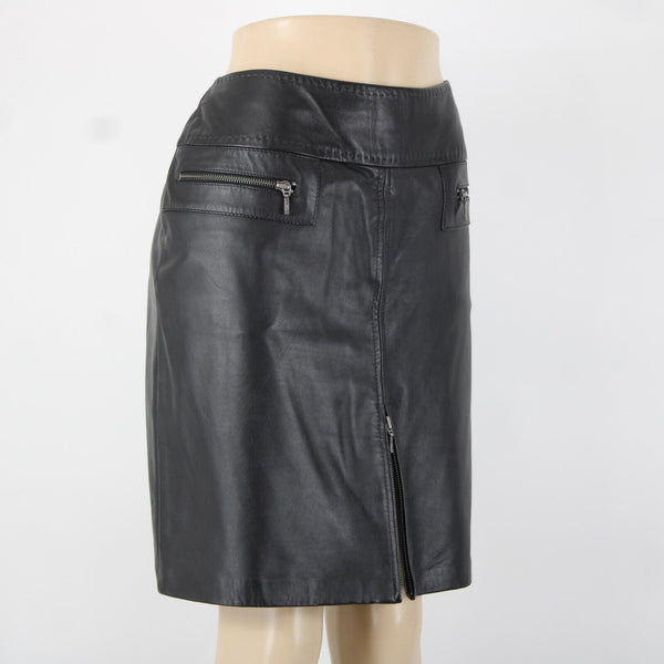 VS Vakko Sz 10 Black Zip Pockets Knee Length Lined 100% Leather Polyester Skirt