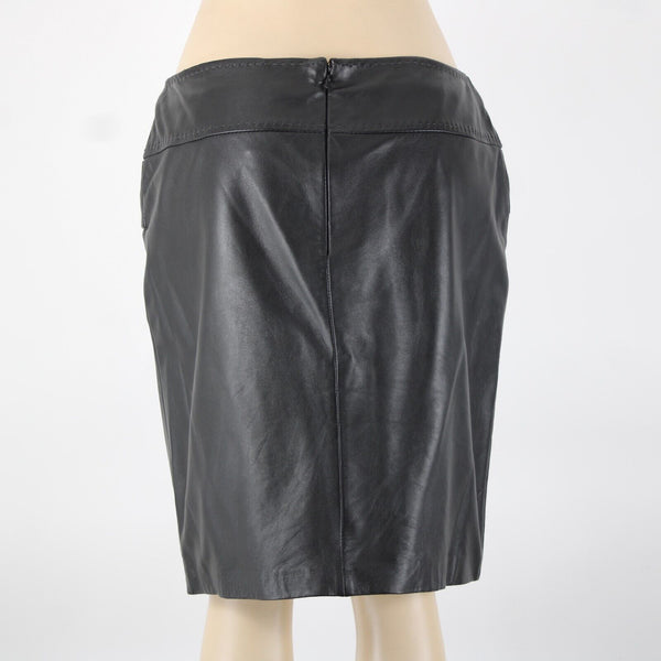 VS Vakko Sz 10 Black Zip Pockets Knee Length Lined 100% Leather Polyester Skirt