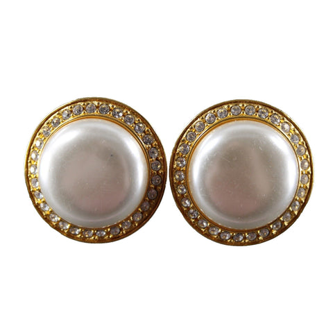 Napier Goldtone Rhinestones Faux Pearl 1.25" Screw On Clip On Earrings