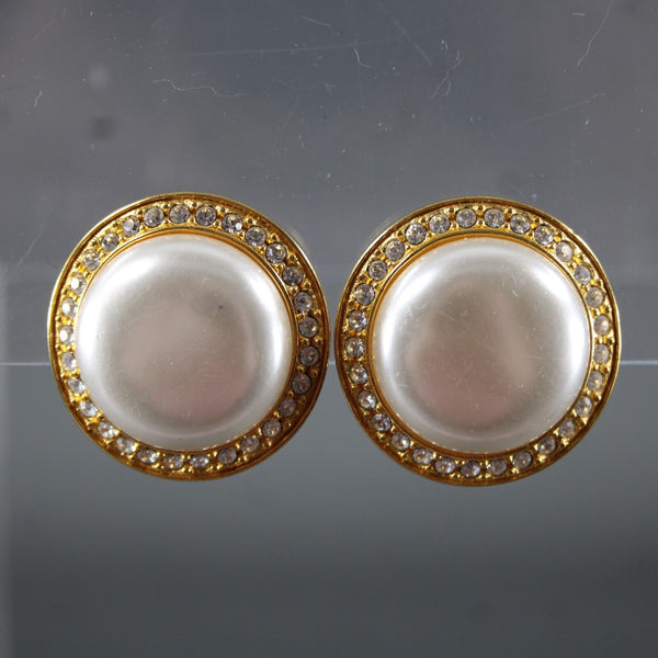 Napier Goldtone Rhinestones Faux Pearl 1.25" Screw On Clip On Earrings